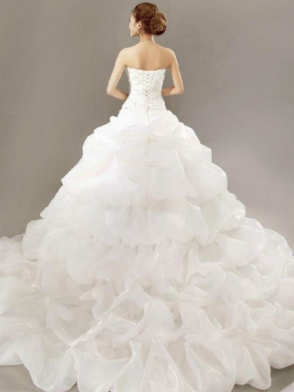 Ball Gown Sleeveless Strapless Cathedral Train Beading Lace Pleats Organza Wedding Dresses HEP0006543