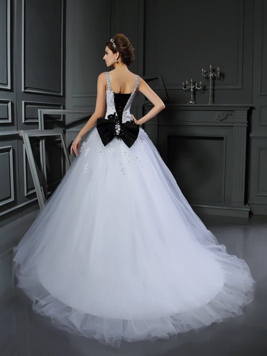 Ball Gown Straps Beading Sleeveless Long Tulle Wedding Dresses HEP0006436