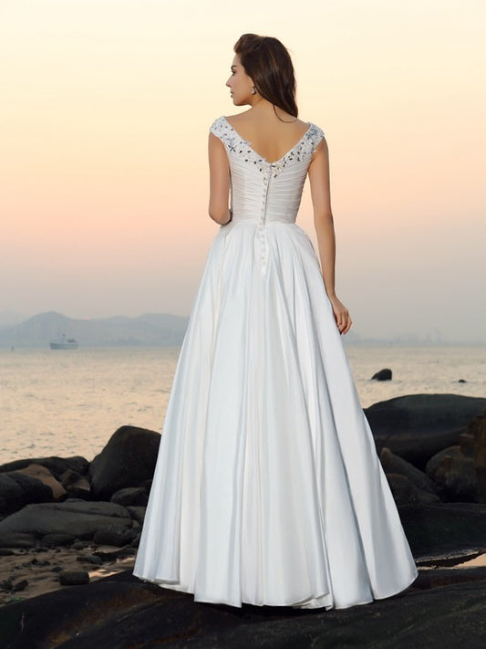 A-Line/Princess V-neck Beading Sleeveless Long Taffeta Beach Wedding Dresses HEP0006380