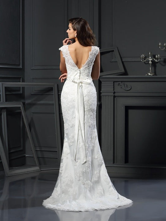 A-Line/Princess Bateau Lace Sleeveless Long Satin Wedding Dresses HEP0006429