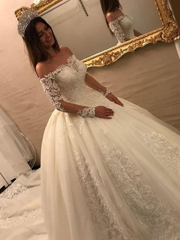 Ball Gown Off-the-Shoulder Long Sleeves Cathedral Train Applique Tulle Wedding Dresses HEP0006125