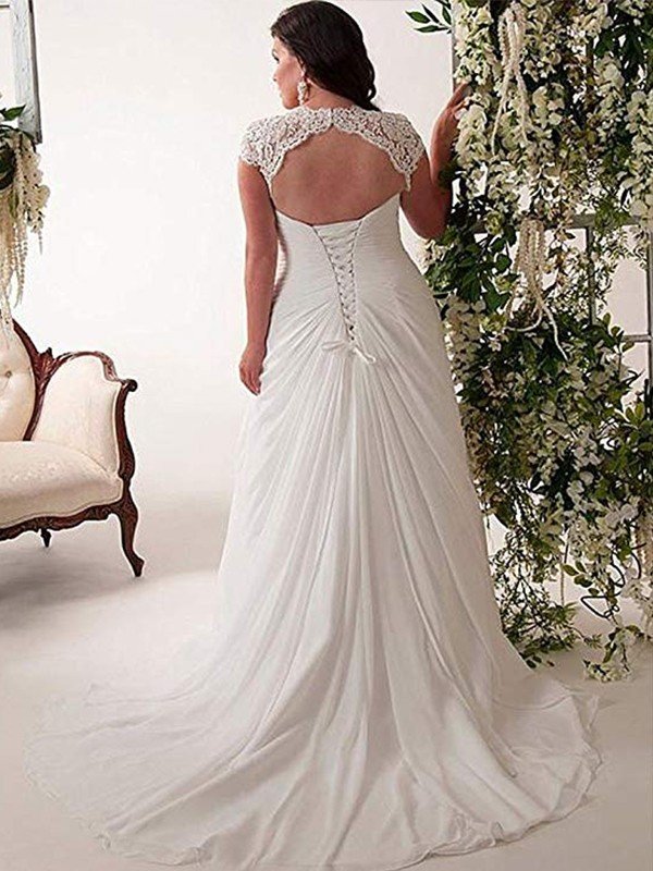 Empire Sweetheart Sleeveless Lace Sweep/Brush Train Chiffon Plus Size Wedding Dresses HEP0006217