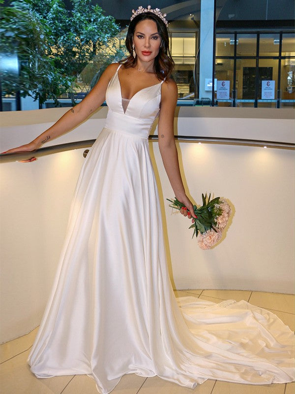 A-Line/Princess Charmeuse Spaghetti Straps Ruffles Sleeveless Sweep/Brush Train Wedding Dresses HEP0006078