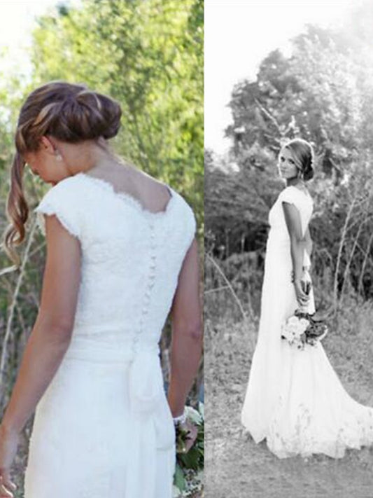 A-Line/Princess Tulle Lace V-neck Sleeveless Sweep/Brush Train Wedding Dresses HEP0006359