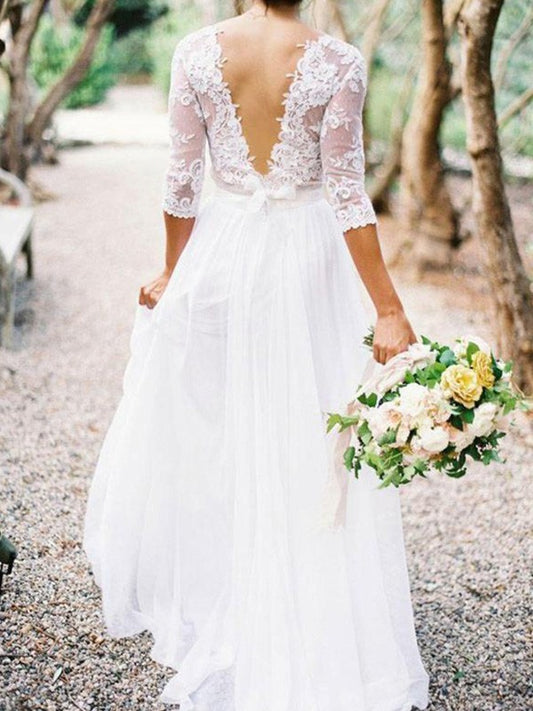 A-Line/Princess 1/2 Sleeves V-neck Floor-Length Applique Lace Chiffon Wedding Dresses HEP0006413