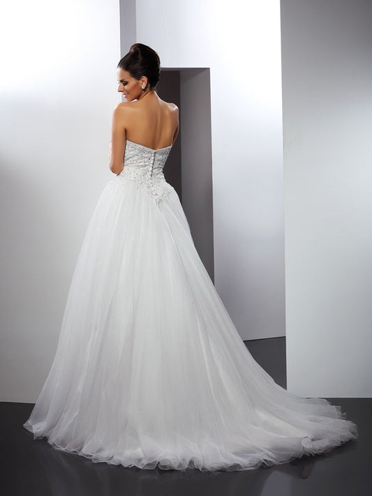 A-Line/Princess Sweetheart Applique Sleeveless Long Net Wedding Dresses HEP0006394