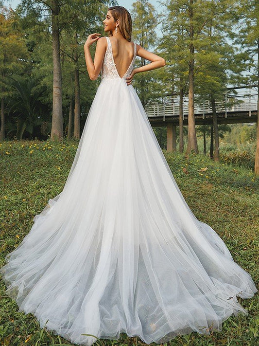 A-Line/Princess Tulle Applique V-neck Sleeveless Sweep/Brush Train Wedding Dresses HEP0006365