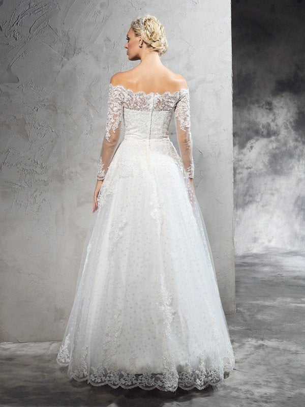 Ball Gown Off-the-Shoulder Lace Long Sleeves Long Net Wedding Dresses HEP0006225