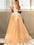 A-Line/Princess Sleeveless V-neck Sweep/Brush Train Lace Organza Dresses HEP0002596