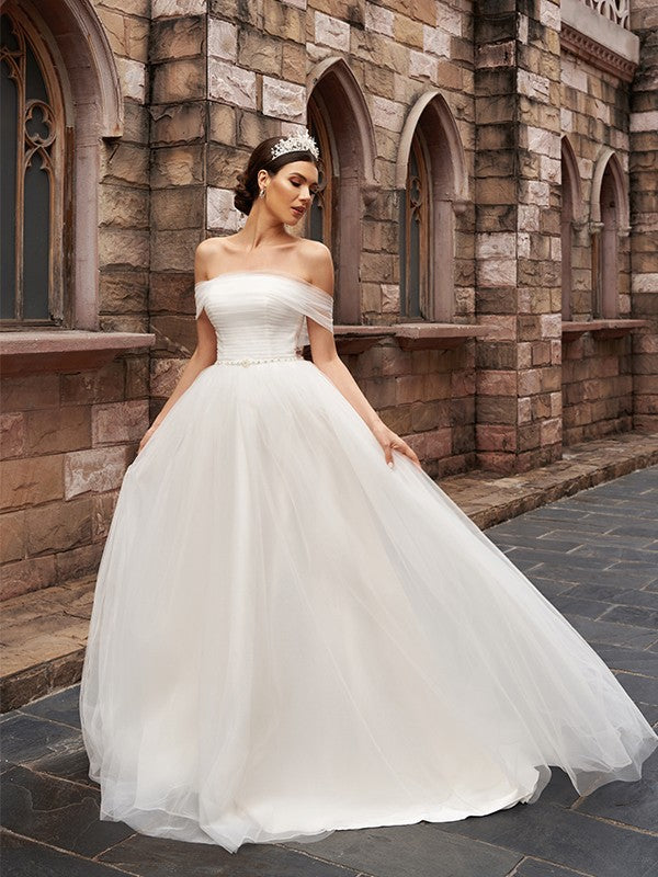 A-Line/Princess Tulle Sleeveless Off-the-Shoulder Ruched Sweep/Brush Train Wedding Dresses HEP0006049
