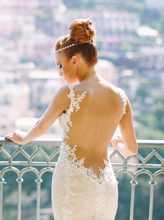 Trumpet/Mermaid Sleeveless Sweetheart Spaghetti Straps Court Train Applique Lace Tulle Wedding Dresses HEP0006334