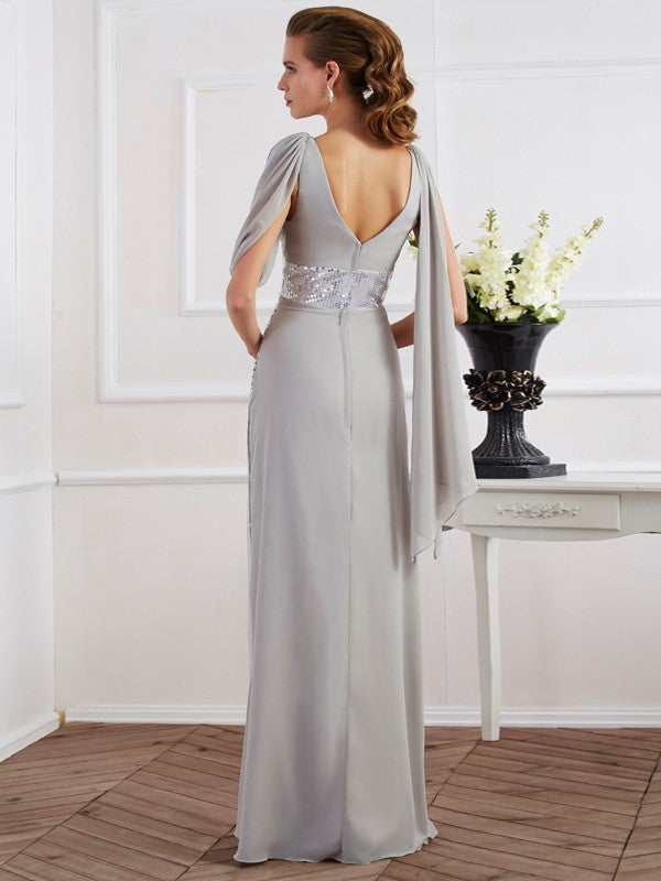 Sheath/Column V-neck Short Sleeves Lace Long Chiffon Dresses HEP0003649