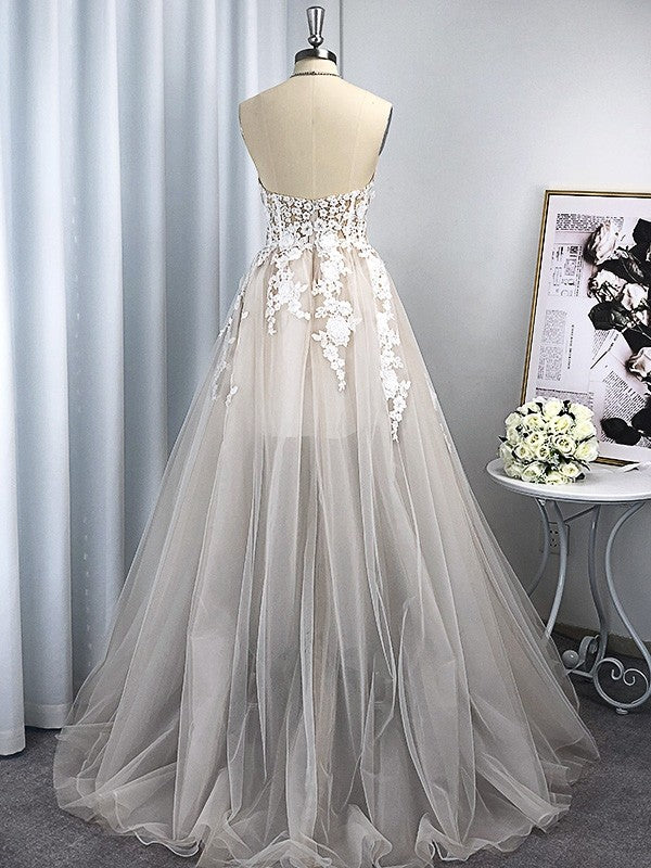 A-Line/Princess Tulle Applique Sweetheart Sleeveless Sweep/Brush Train Wedding Dresses HEP0006030