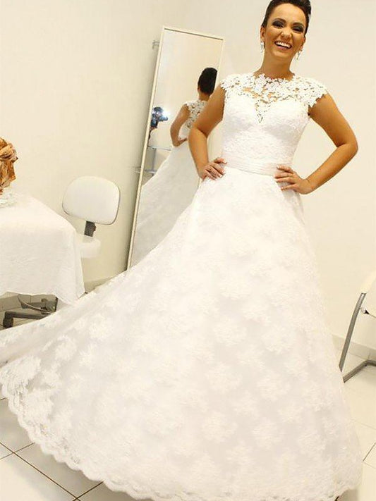 Ball Gown Scoop Lace Sleeveless Floor-Length Wedding Dresses HEP0006409