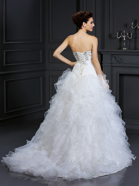 Ball Gown Strapless Beading Sleeveless Long Organza Wedding Dresses HEP0006430