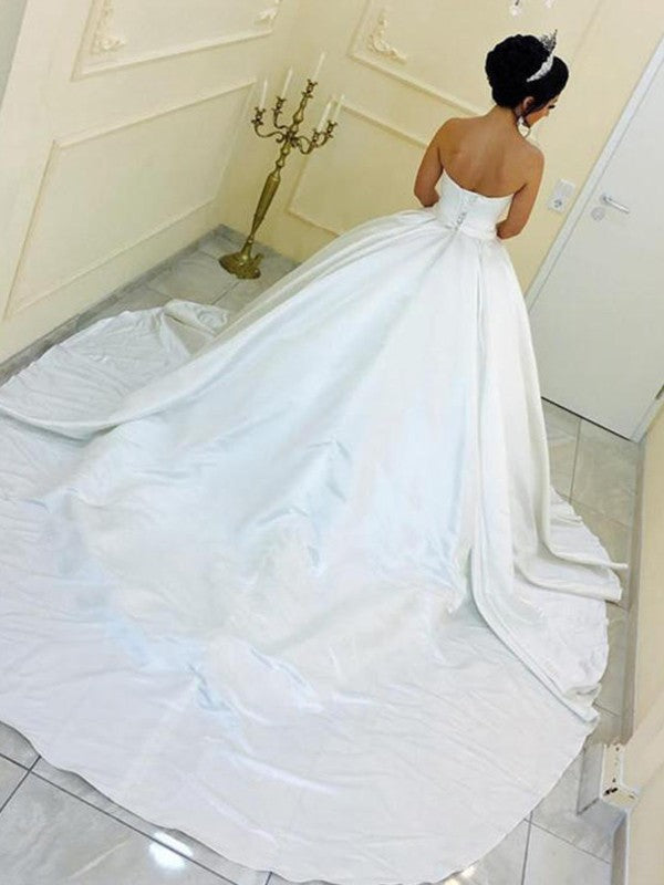 Ball Gown Sweetheart Satin Sleeveless Sash/Ribbon/Belt Cathedral Train Wedding Dresses HEP0006219