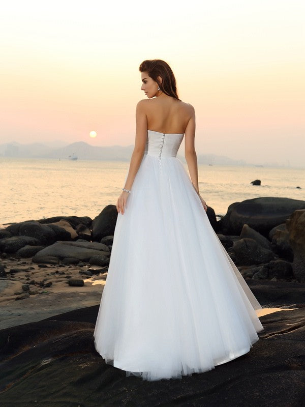 A-Line/Princess Sweetheart Sleeveless Long Net Beach Wedding Dresses HEP0006582