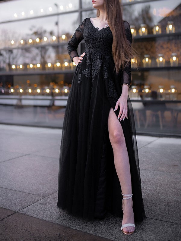 Ball Gown Tulle Long Sleeves Applique Off-the-Shoulder Floor-Length Dresses HEP0001473