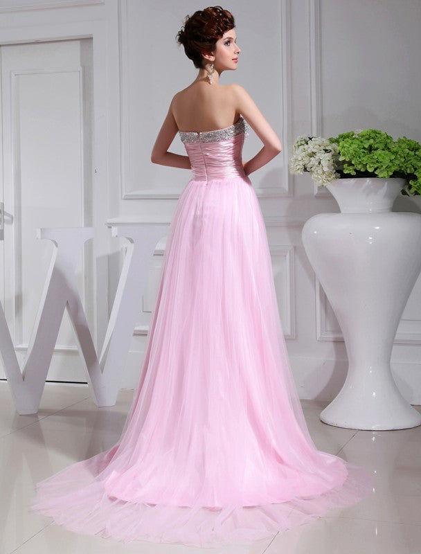 A-Line/Princess Beading Sleeveless Elastic Woven Satin Tulle Dresses HEP0009204