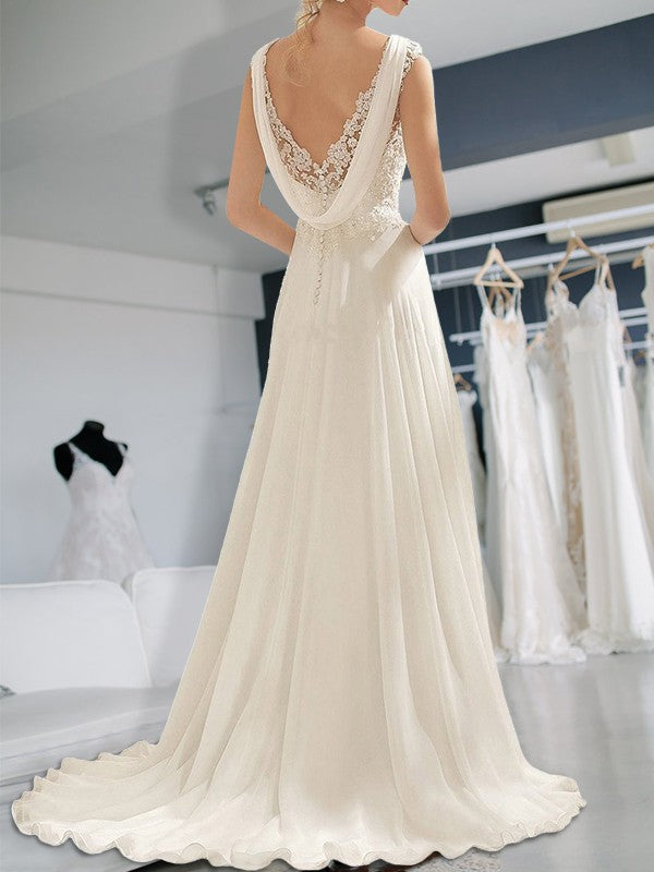 Empire Sleeveless Floor-Length V-neck Lace Chiffon Wedding Dresses HEP0006438