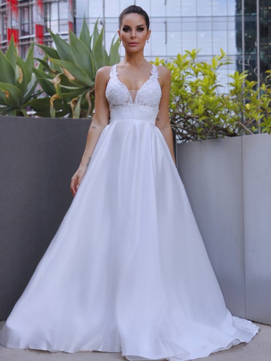A-Line/Princess V-neck Satin Applique Sleeveless Sweep/Brush Train Wedding Dresses HEP0006405