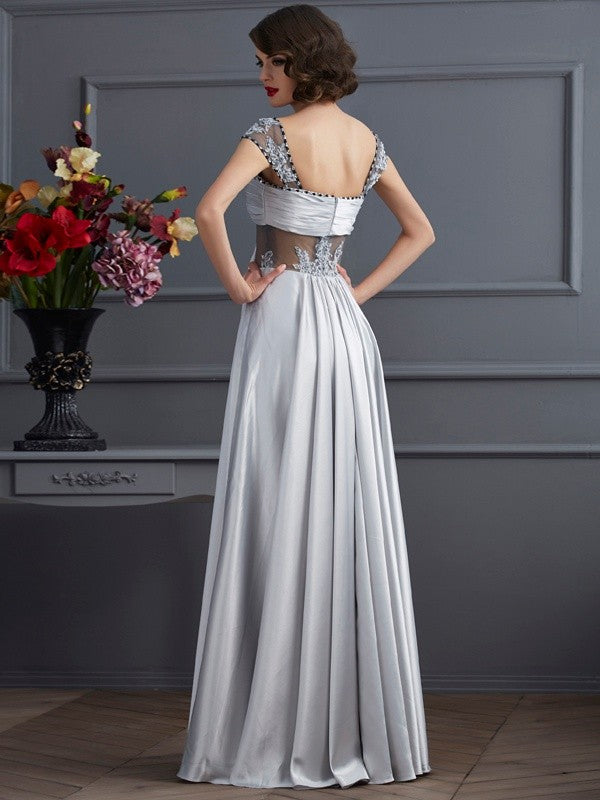 A-Line/Princess Off the Shoulder Sleeveless Pleats Long Elastic Woven Satin Dresses HEP0002523