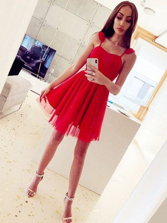 A-Line/Princess Spaghetti Straps Ruched Sleeveless Satin Krystal Homecoming Dresses Short/Mini Dresses