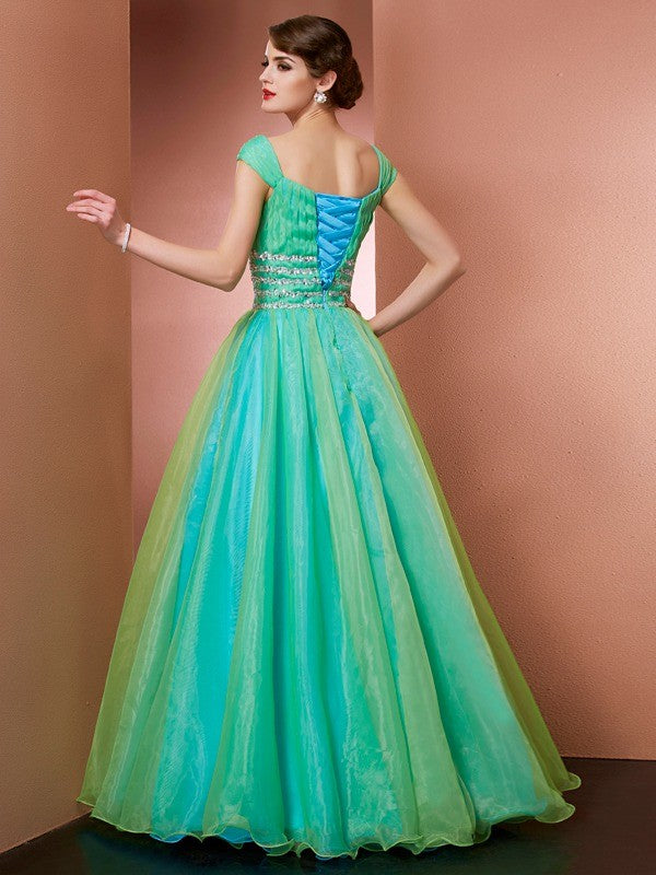 Ball Gown Off the Shoulder Sleeveless Beading Long Satin Quinceanera Dresses HEP0009098