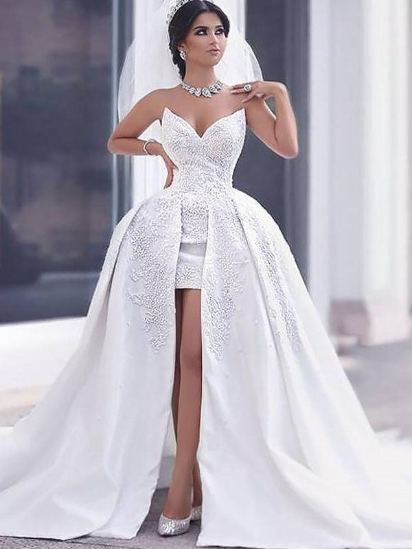 Ball Gown Beading Satin Sleeveless Chapel Train Sweetheart Wedding Dresses HEP0006116