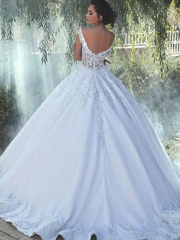 Ball Gown Scoop Sleeveless Sweep/Brush Train Lace Satin Wedding Dresses HEP0006316