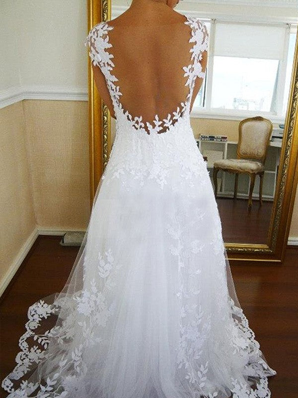 A-Line/Princess V-neck Sweep/Brush Train Lace Sleeveless Tulle Wedding Dresses HEP0006075