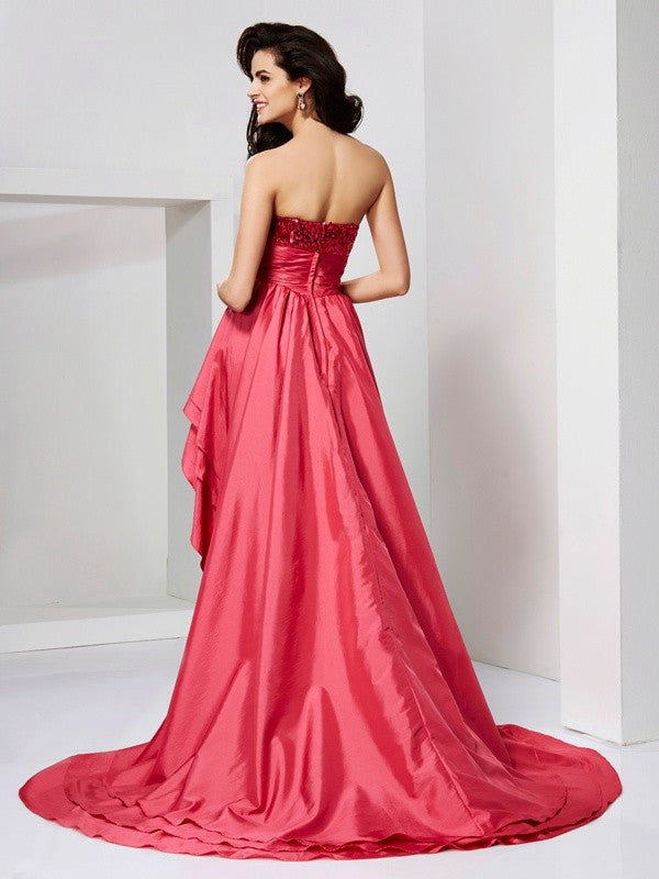A-Line/Princess Strapless Sleeveless Lace High Low Taffeta Dresses HEP0002733