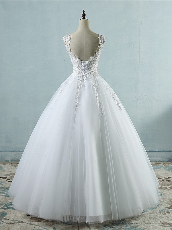 Ball Gown V-neck Sleeveless Sweetheart Floor-Length Applique Tulle Wedding Dresses HEP0005993