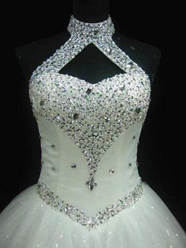 Ball Gown Halter Sleeveless Floor-Length Beading Sequin Tulle Wedding Dresses HEP0006012