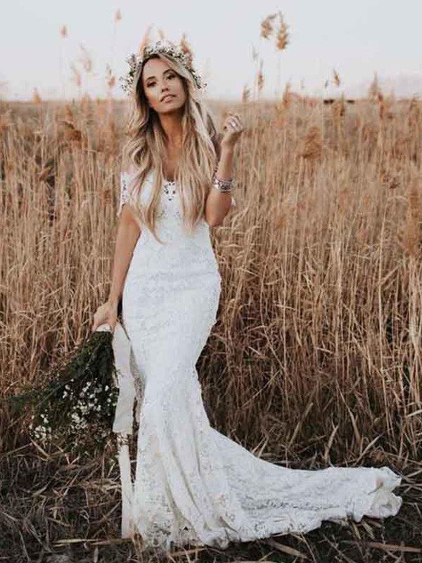 Trumpet/Mermaid Lace Applique Off-the-Shoulder Short Sleeves Court Train Wedding Dresses HEP0006221