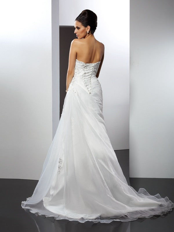 A-Line/Princess Sweetheart Applique Sleeveless Long Organza Wedding Dresses HEP0006515