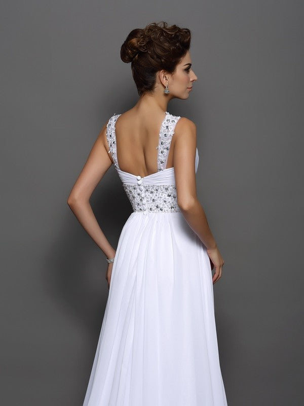 A-Line/Princess Straps Beading Sleeveless Long Chiffon Wedding Dresses HEP0006289