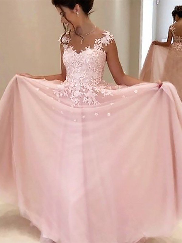 A-Line/Princess Sweetheart Sleeveless Floor-Length Applique Tulle Dresses HEP0001741