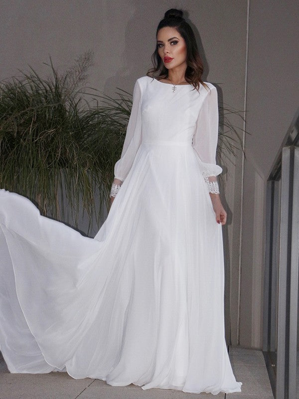 A-Line/Princess Chiffon Ruffles Long Sleeves Scoop Sweep/Brush Train Wedding Dresses HEP0006511