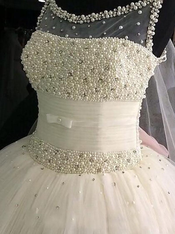 Ball Gown Scoop Beading Tulle Sleeveless Floor-Length Wedding Dresses HEP0006203