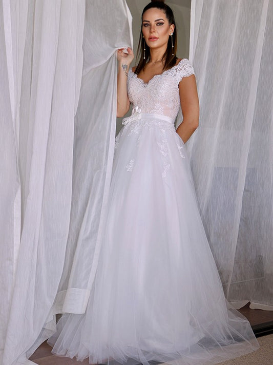 A-Line/Princess Tulle V-neck Sleeveless Lace Floor-Length Wedding Dresses HEP0006410