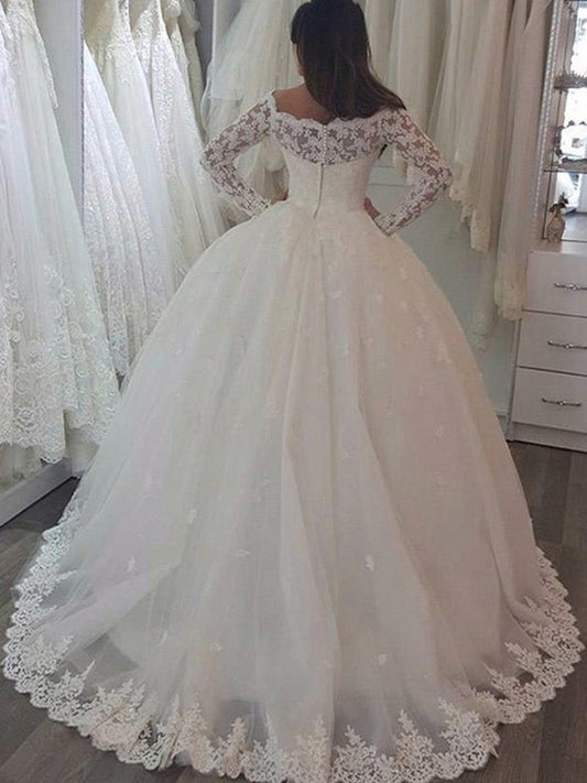 Ball Gown Long Sleeves Off-the-Shoulder Sweep/Brush Train Applique Lace Wedding Dresses HEP0006425