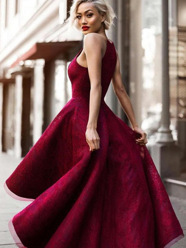 A-Line/Princess Sleeveless Jewel Asymmetrical Ruffles Lace Dresses HEP0002350