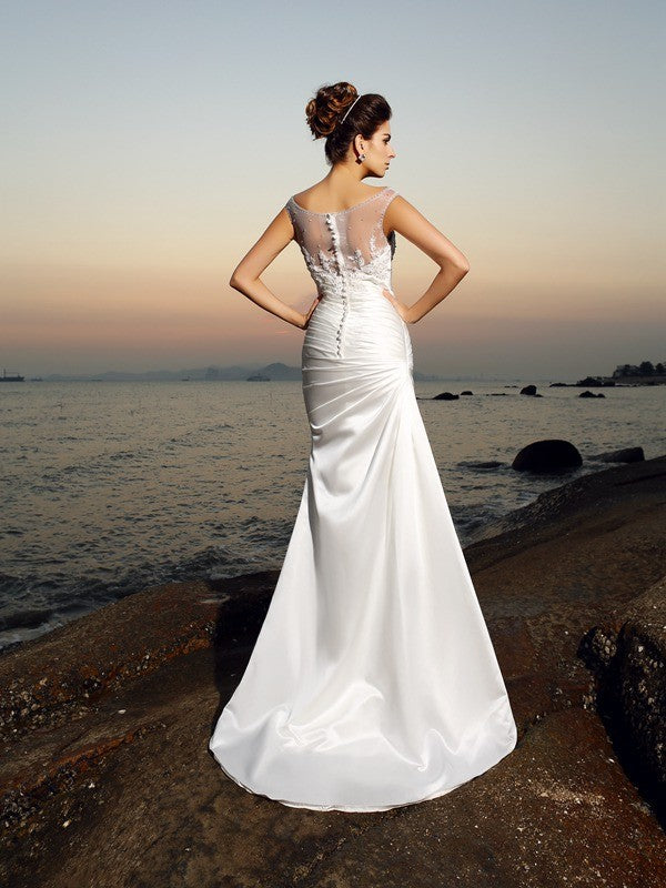 Trumpet/Mermaid Scoop Beading Sleeveless Long Satin Beach Wedding Dresses HEP0006202