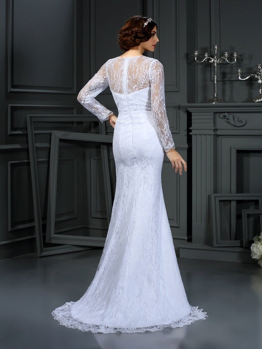 Sheath/Column Scoop Lace Long Sleeves Long Satin Wedding Dresses HEP0006422