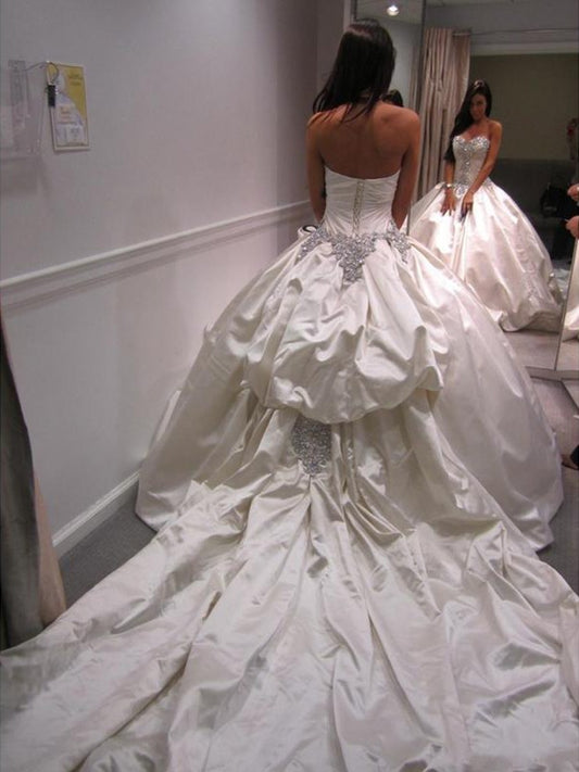 Ball Gown Satin Sweetheart Ruffles Sleeveless Cathedral Train Wedding Dresses HEP0006326