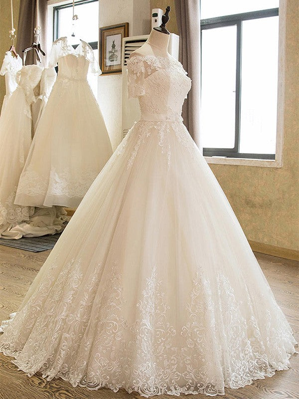 Ball Gown 1/2 Sleeves Off-the-Shoulder Floor-Length Applique Lace Tulle Wedding Dresses HEP0006322