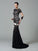 Sheath/Column High Neck Lace 3/4 Sleeves Long Elastic Woven Satin Dresses HEP0009212