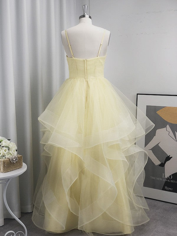A-Line/Princess Ruffles Spaghetti Straps Sleeveless Organza Floor-Length Dresses HEP0004601