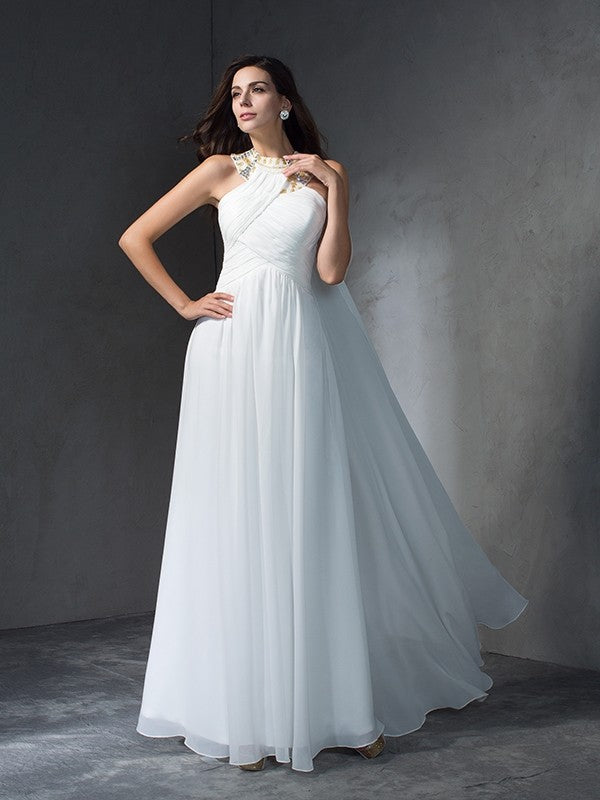 A-Line/Princess Jewel Beading Sleeveless Long Chiffon Dresses HEP0009144